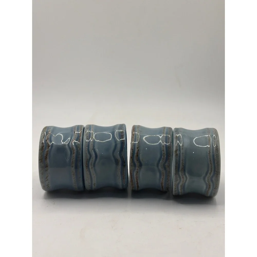 Set of 4 Todd English Gourmet Tuscan Blue Antiqued Embossed Napkin Rings
